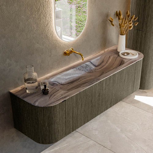 KURVE-DLUX 160cm mueble de baño curva Izquierda + Derecha color Shadow con 1 cajón y 2 puertas. Lavabo BIG MEDIUM Centro sin orificio Sombra.