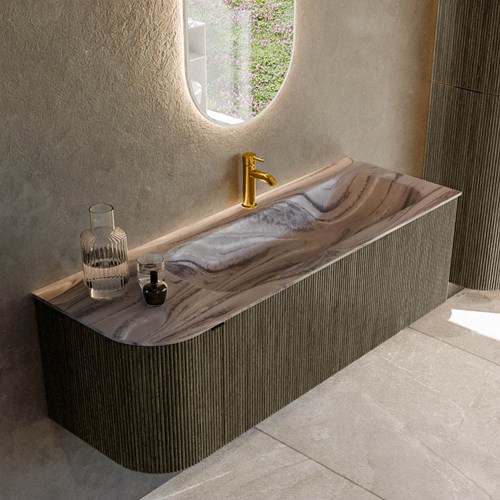 KURVE-DLUX 135cm mueble de baño curva Izquierda color Shadow con 1 cajón y 1 puerta. Lavabo BIG MEDIUM Derecho 1 orificio Sombra.