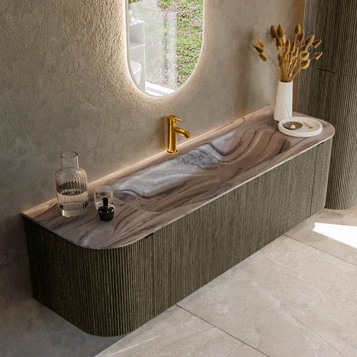 KURVE-DLUX 160cm mueble de baño curva Izquierda + Derecha color Shadow con 1 cajón y 2 puertas. Lavabo BIG MEDIUM Centro 1 orificio Sombra.