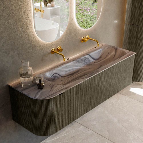 KURVE-DLUX 145cm mueble de baño curva Izquierda color Shadow con 1 cajón y 1 puerta. Lavabo BIG LARGE Derecho sin orificio Sombra.