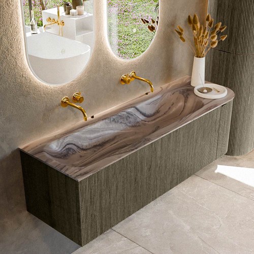 KURVE-DLUX 145cm mueble de baño curva Derecha color Shadow con 1 cajón y 1 puerta. Lavabo BIG LARGE Izquierda sin orificio Sombra.
