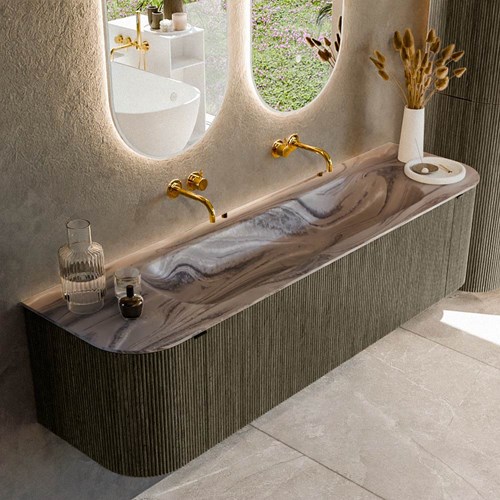 KURVE-DLUX 170cm mueble de baño curva Izquierda + Derecha color Shadow con 1 cajón y 2 puertas. Lavabo BIG LARGE Centro sin orificio Sombra.