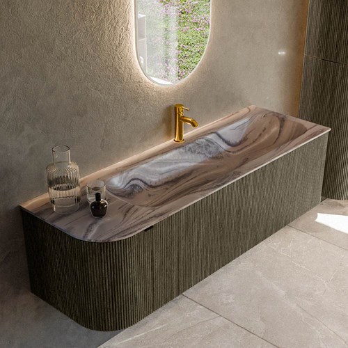 KURVE-DLUX 145cm mueble de baño curva Izquierda color Shadow con 1 cajón y 1 puerta. Lavabo BIG LARGE Derecho 1 orificio Sombra.