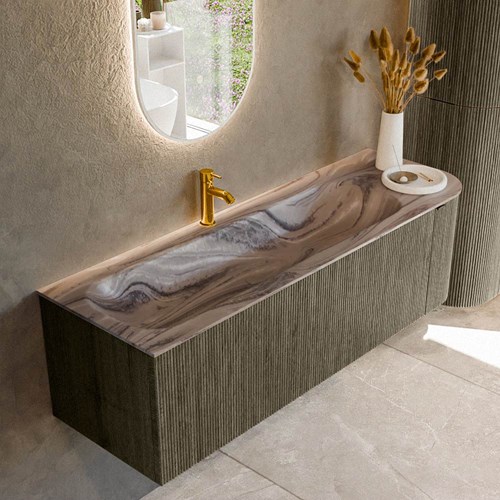 KURVE-DLUX 145cm mueble de baño curva Derecha color Shadow con 1 cajón y 1 puerta. Lavabo BIG LARGE Izquierda 1 orificio Sombra.
