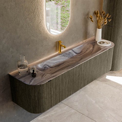 KURVE-DLUX 170cm mueble de baño curva Izquierda + Derecha color Shadow con 1 cajón y 2 puertas. Lavabo BIG LARGE Centro 1 orificio Sombra.
