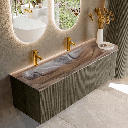 KURVE-DLUX 145cm mueble de baño curva Derecha color Shadow con 1 cajón y 1 puerta. Lavabo BIG LARGE Izquierda 2 orificios Sombra.