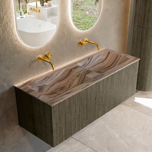 KURVE-DLUX 120cm mueble de baño color Shadow con 1 cajón y sin puerta. Lavabo LEAF Doble sin orificio Sombra.