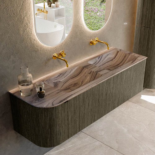 KURVE-DLUX 145cm mueble de baño curva Izquierda color Shadow con 1 cajón y 1 puerta. Lavabo LEAF Doble / Derecho sin orificio Sombra.