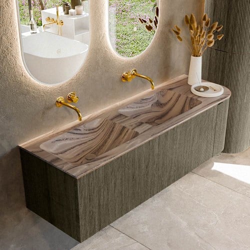 KURVE-DLUX 145cm mueble de baño curva Derecha color Shadow con 1 cajón y 1 puerta. Lavabo LEAF Doble / Izquierda sin orificio Sombra.