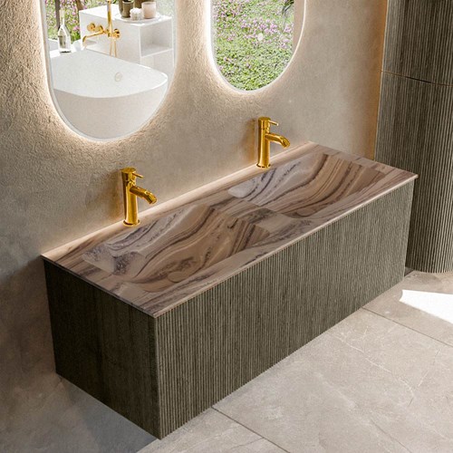 KURVE-DLUX 120cm mueble de baño color Shadow con 1 cajón y sin puerta. Lavabo LEAF Doble 2 orificios Sombra.