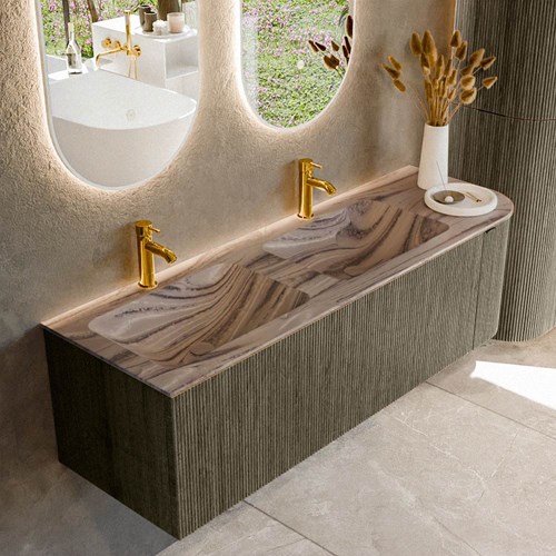 KURVE-DLUX 145cm mueble de baño curva Derecha color Shadow con 1 cajón y 1 puerta. Lavabo LEAF Doble / Izquierda 2 orificios Sombra.