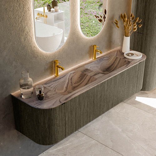 KURVE-DLUX 170cm mueble de baño curva Izquierda + Derecha color Shadow con 1 cajón y 2 puertas. Lavabo LEAF Doble 2 orificios Sombra.