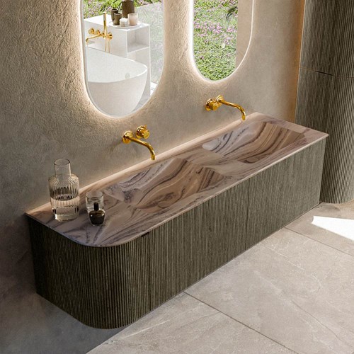 KURVE-DLUX 155cm mueble de baño curva Izquierda color Shadow con 2 cajones y 1 puerta. Lavabo LEAF Doble / Derecho sin orificio Sombra.