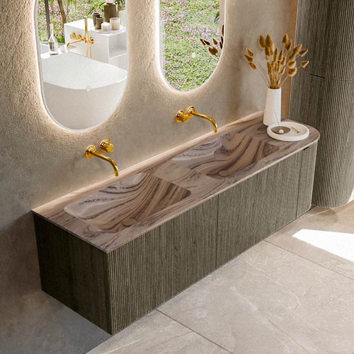 KURVE-DLUX 155cm mueble de baño curva Derecha color Shadow con 2 cajones y 1 puerta. Lavabo LEAF Doble / Izquierda sin orificio Sombra.
