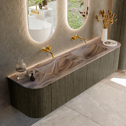 KURVE-DLUX 180cm mueble de baño curva Izquierda + Derecha color Shadow con 2 cajones y 2 puertas. Lavabo LEAF Doble sin orificio Sombra.