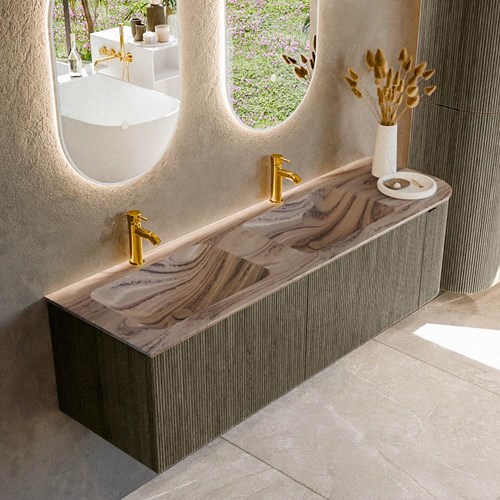 KURVE-DLUX 155cm mueble de baño curva Derecha color Shadow con 2 cajones y 1 puerta. Lavabo LEAF Doble / Izquierda 2 orificios Sombra.