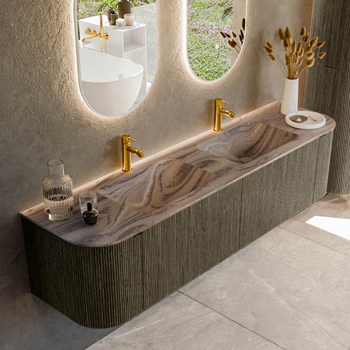 KURVE-DLUX 180cm mueble de baño curva Izquierda + Derecha color Shadow con 2 cajones y 2 puertas. Lavabo LEAF Doble 2 orificios Sombra.