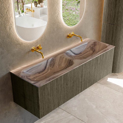 KURVE-DLUX 140cm mueble de baño color Shadow con 2 cajones y sin puerta. Lavabo STOR SMALL Doble sin orificio Sombra.