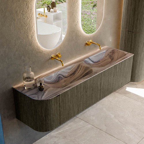 KURVE-DLUX 165cm mueble de baño curva Izquierda color Shadow con 2 cajones y 1 puerta. Lavabo STOR SMALL Doble / Derecho sin orificio Sombra.