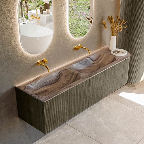 KURVE-DLUX 165cm mueble de baño curva Derecha color Shadow con 2 cajones y 1 puerta. Lavabo STOR SMALL Doble / Izquierda sin orificio Sombra.