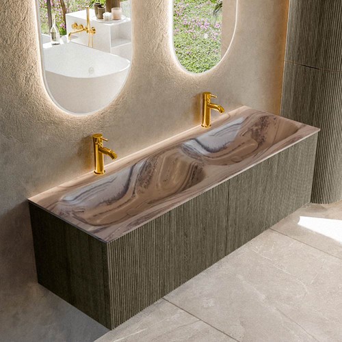 KURVE-DLUX 140cm mueble de baño color Shadow con 2 cajones y sin puerta. Lavabo STOR SMALL Doble 2 orificios Sombra.
