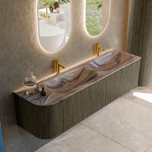 KURVE-DLUX 165cm mueble de baño curva Izquierda color Shadow con 2 cajones y 1 puerta. Lavabo STOR SMALL Doble / Derecho 2 orificios Sombra.