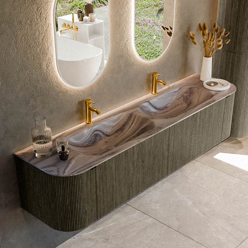 KURVE-DLUX 190cm mueble de baño curva Izquierda + Derecha color Shadow con 2 cajones y 2 puertas. Lavabo STOR SMALL Doble 2 orificios Sombra.