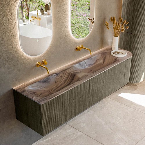 KURVE-DLUX 175cm mueble de baño curva Derecha color Shadow con 2 cajones y 1 puerta. Lavabo STOR SMALL Doble / Izquierda sin orificio Sombra.