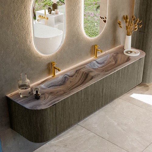KURVE-DLUX 200cm mueble de baño curva Izquierda + Derecha color Shadow con 2 cajones y 2 puertas. Lavabo STOR SMALL Doble 2 orificios Sombra.