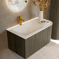 KURVE 85cm meubles de salle de bains courbe Droite couleur Shadow avec 1 tiroir et 1 porte. Lavabo CLOUD Gauche 1 trou pour robinetter, couleur Talc.