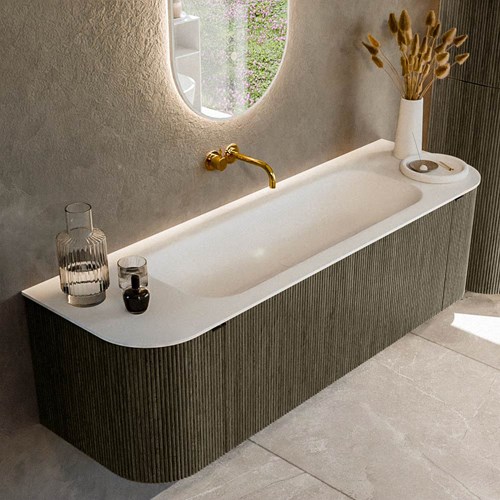 KURVE 150cm bathroom vanity set curve Left + Right color Shadow with 1 drawer and 2 doors. Vanity top BIG MEDIUM Center without tab hole, color Talc.