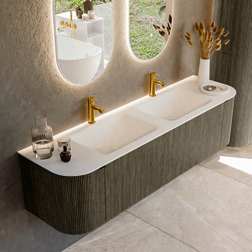 KURVE 170cm meubles de salle de bains courbe Gauche + Droite couleur Shadow avec 1 tiroir et 2 portes. Lavabo CLOUD Double 2 trous robinetterie, couleur Talc.