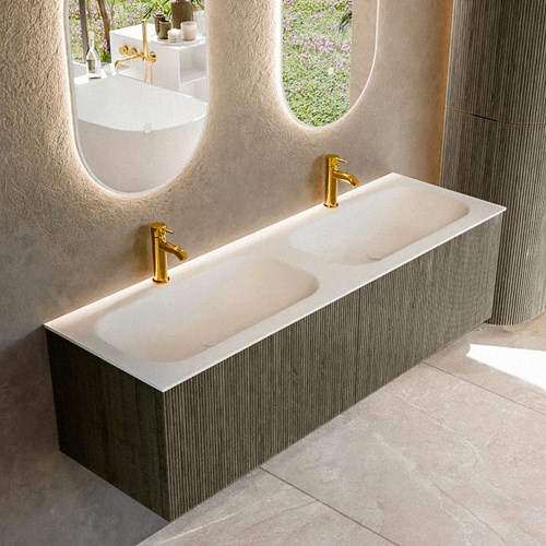 KURVE 150cm meubles de salle de bains couleur Shadow avec 2 tiroirs et 0 portes. Lavabo BIG SMALL Double 2 trous robinetterie, couleur Talc.