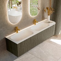 KURVE 175cm meubles de salle de bains courbe Droite couleur Shadow avec 2 tiroirs et 1 porte. Lavabo BIG SMALL Double / Gauche 2 trous robinetterie, couleur Talc.