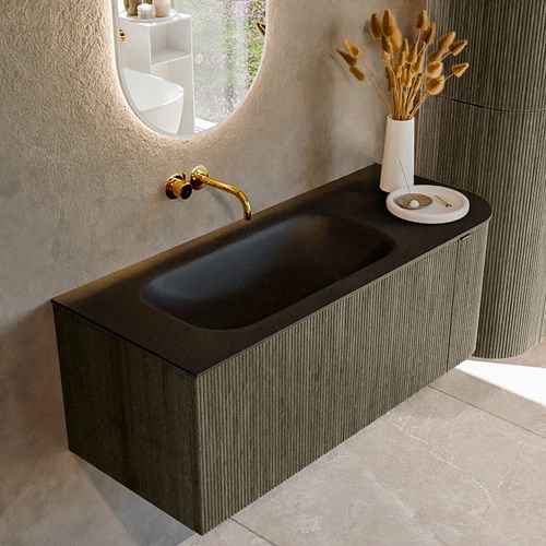 KURVE 115cm mobili da bagno curva Destra colore Shadow con 1 cassetto e 1 porta. Lavabo BIG SMALL Sinistra senza foro per il rubinetto, colore Urban.