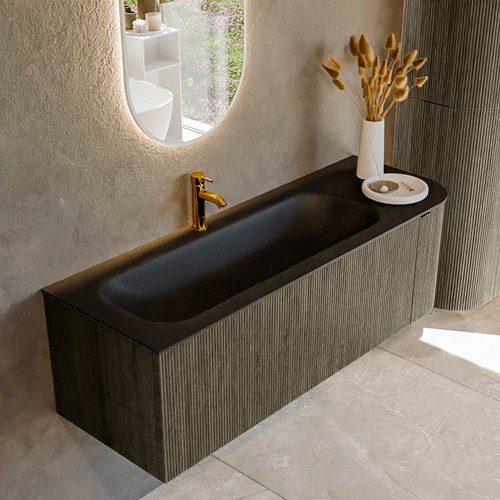 KURVE 135cm meubles de salle de bains courbe Droite couleur Shadow avec 1 tiroir et 1 porte. Lavabo BIG MEDIUM Gauche 1 trou pour robinetter, couleur Urban.
