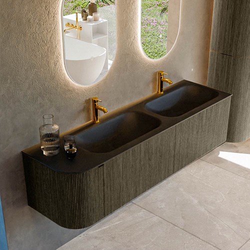 KURVE 165cm bathroom vanity set curve Left color Shadow with 2 drawers and 1 door. Vanity top BIG SMALL Double / Right 2 tab holes, color Urban.