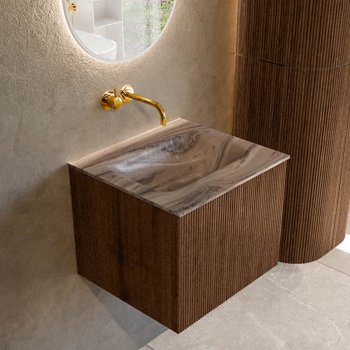 KURVE-DLUX 50cm mueble de baño color Walnut con 1 cajón y sin puerta. Lavabo GRUNNE Centro sin orificio Sombra.