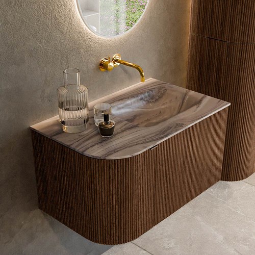 KURVE-DLUX 75cm mueble de baño curva Izquierda color Walnut con 1 cajón y 1 puerta. Lavabo GRUNNE Derecho sin orificio Sombra.