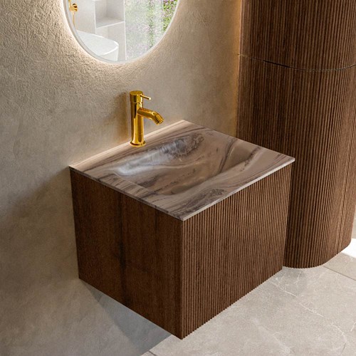 KURVE-DLUX 50cm mueble de baño color Walnut con 1 cajón y sin puerta. Lavabo GRUNNE Centro 1 orificio Sombra.