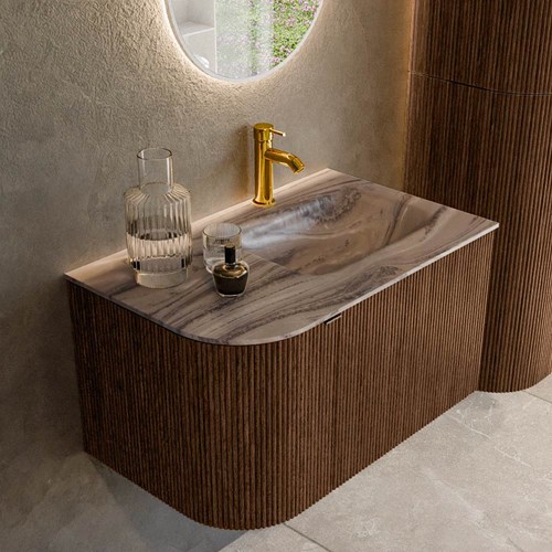 KURVE-DLUX 75cm mueble de baño curva Izquierda color Walnut con 1 cajón y 1 puerta. Lavabo GRUNNE Derecho 1 orificio Sombra.