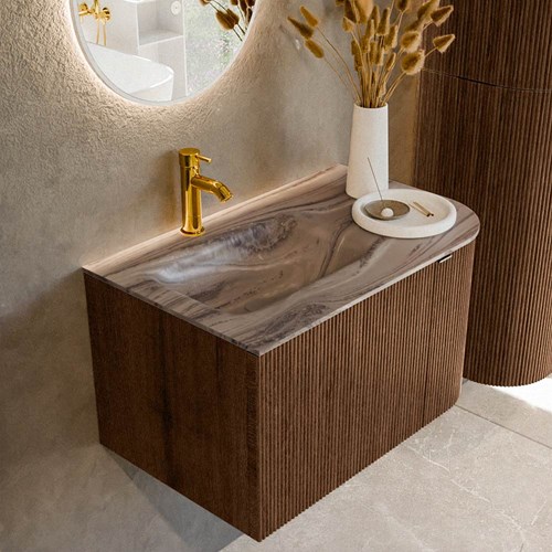 KURVE-DLUX 75cm mueble de baño curva Derecha color Walnut con 1 cajón y 1 puerta. Lavabo GRUNNE Izquierda 1 orificio Sombra.