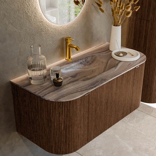 KURVE-DLUX 100cm mueble de baño curva Izquierda + Derecha color Walnut con 1 cajón y 2 puertas. Lavabo GRUNNE Centro 1 orificio Sombra.