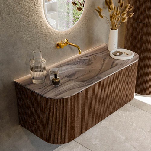 KURVE-DLUX 110cm mueble de baño curva Izquierda + Derecha color Walnut con 1 cajón y 2 puertas. Lavabo CLOUD Centro sin orificio Sombra.