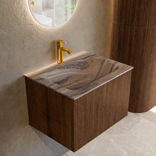 KURVE-DLUX 60cm mueble de baño color Walnut con 1 cajón y sin puerta. Lavabo CLOUD Centro 1 orificio Sombra.