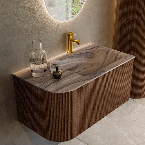 KURVE-DLUX 85cm mueble de baño curva Izquierda color Walnut con 1 cajón y 1 puerta. Lavabo CLOUD Derecho 1 orificio Sombra.