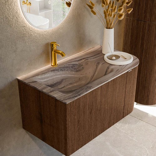 KURVE-DLUX 85cm mueble de baño curva Derecha color Walnut con 1 cajón y 1 puerta. Lavabo CLOUD Izquierda 1 orificio Sombra.