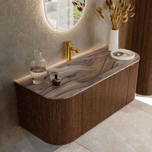 KURVE-DLUX 110cm mueble de baño curva Izquierda + Derecha color Walnut con 1 cajón y 2 puertas. Lavabo CLOUD Centro 1 orificio Sombra.