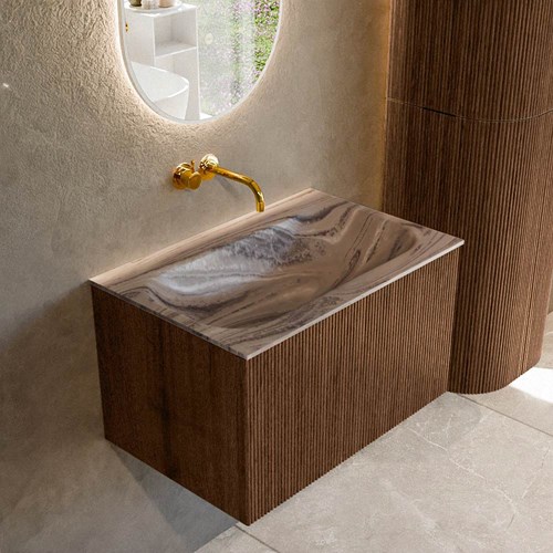 KURVE-DLUX 70cm mueble de baño color Walnut con 1 cajón y sin puerta. Lavabo BIG SMALL Centro sin orificio Sombra.