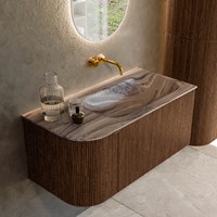 KURVE-DLUX 95cm mueble de baño curva Izquierda color Walnut con 1 cajón y 1 puerta. Lavabo BIG SMALL Derecho sin orificio Sombra.